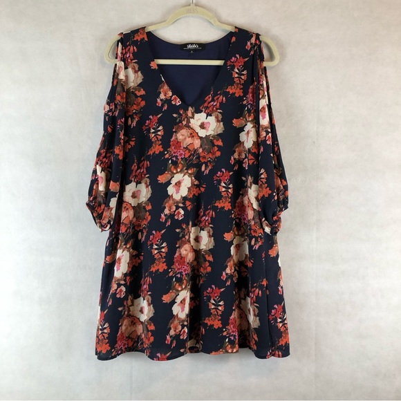 Lulus floral dress size Small navy and orange cold shoulder shifting dear NWT - Picture 4 of 10